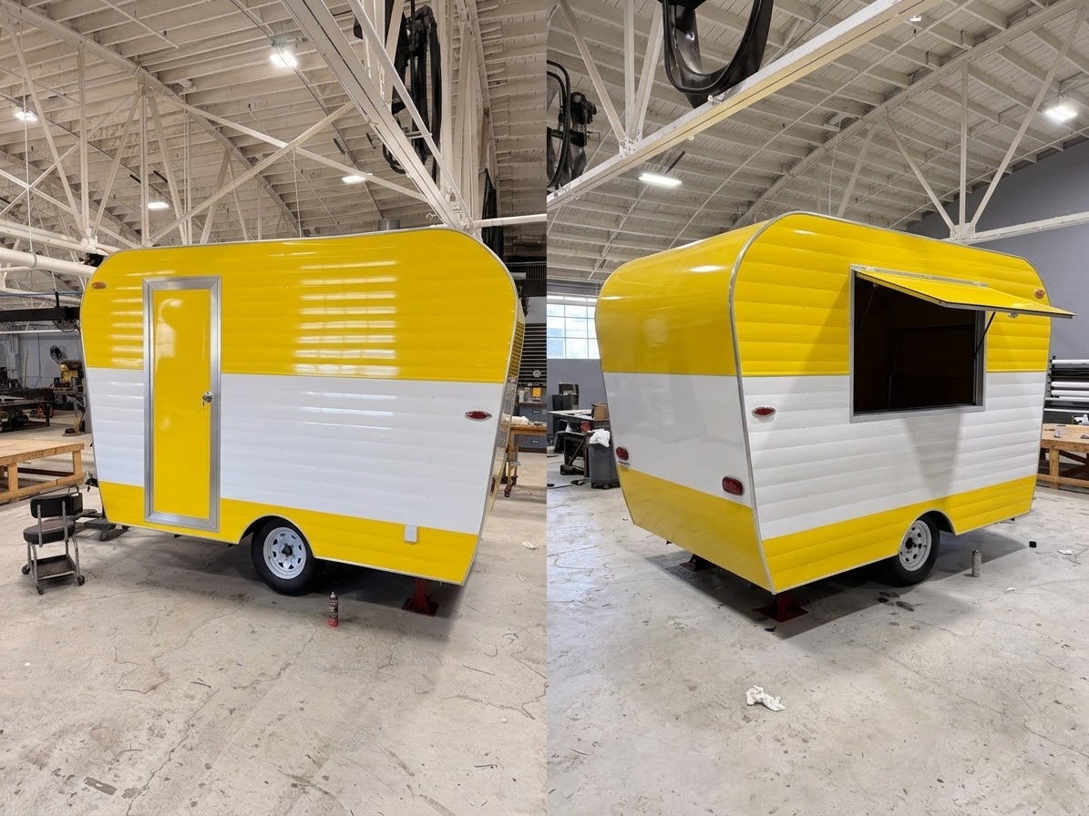 Yellow and white custom trailer wrap — door and service sides