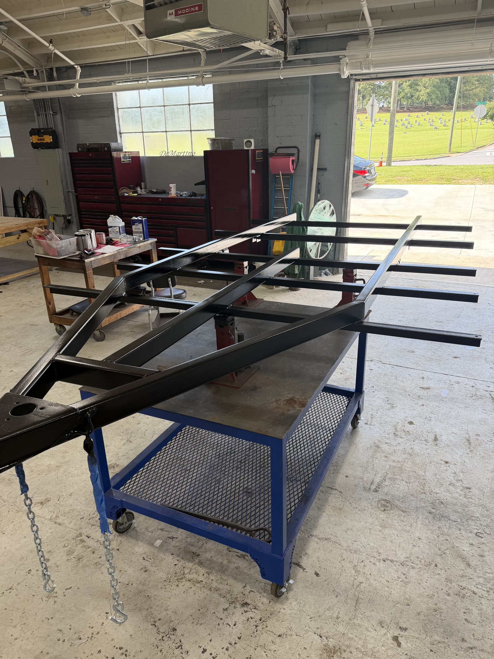 Welded steel trailer tongue and cross-members in the fab shop