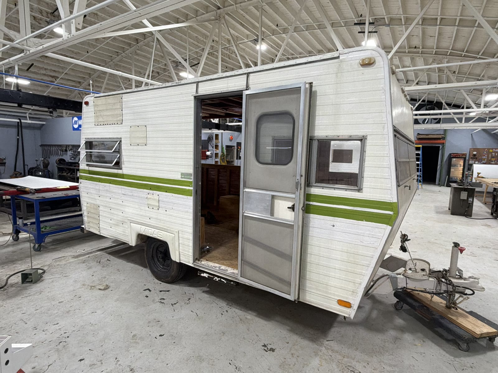 Vintage Midas trailer in the shop for renovation