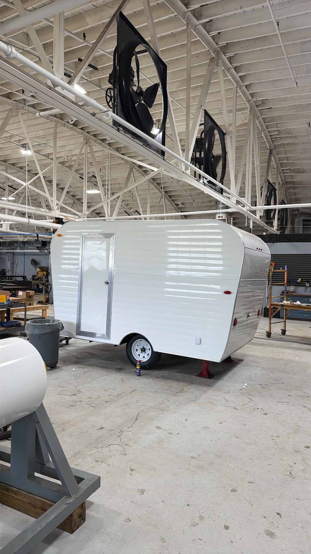 Clean white retro trailer side with door