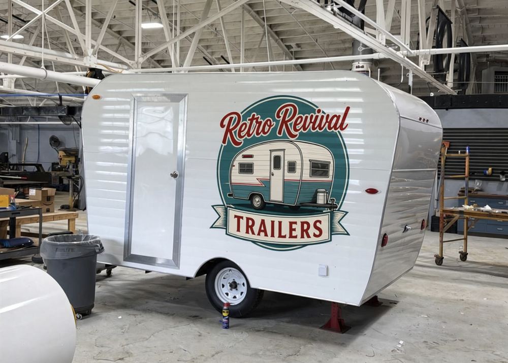 White Retro Revival trailer with logo in the shop
